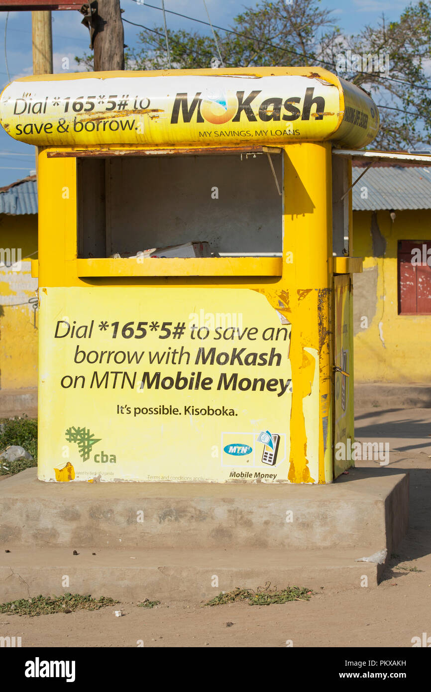 MoKash Werbung, MoKash MTN Mobile Money, Einlagen, Sparen, Kredite, leihen Geld auf Handy, Banking, MoCash, Uganda, Ostafrika Stockfoto