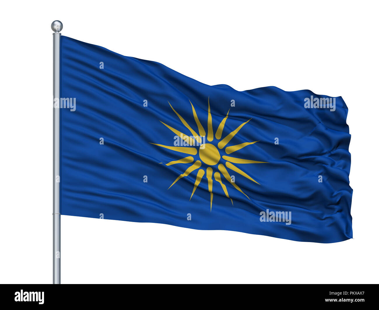 Griechische Mazedonien Fahne Fahnenmast, isoliert auf weißem Hintergrund, 3D-Rendering Stockfoto