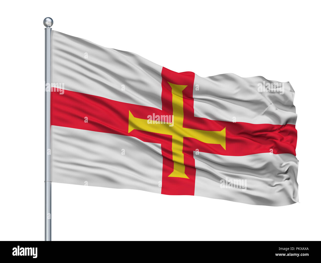 Guernsey Flagge am Fahnenmast, isoliert auf weißem Hintergrund, 3D-Rendering Stockfoto