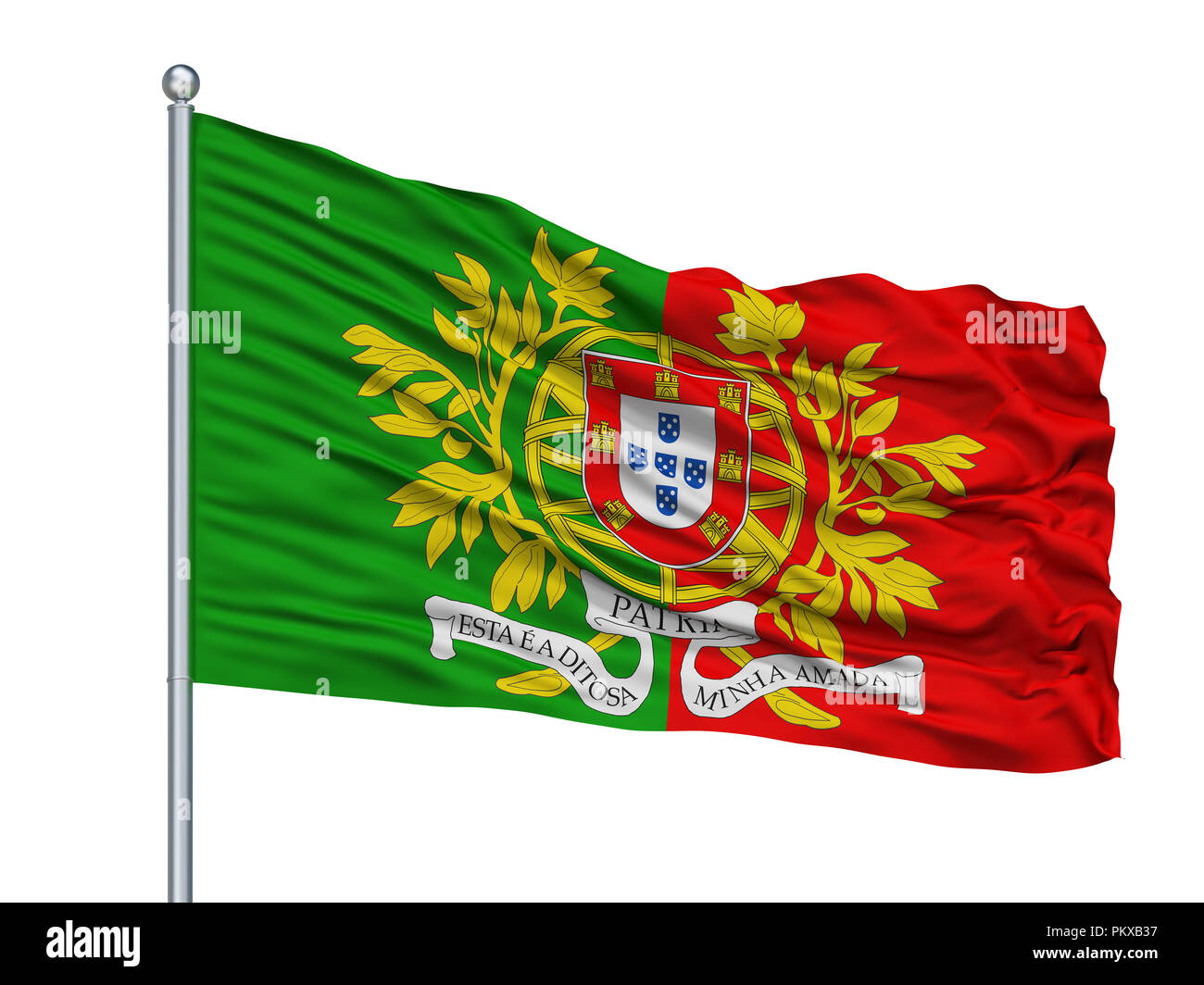 Militärische Portugal Fahne Fahnenmast, isoliert auf weißem Hintergrund, 3D-Rendering Stockfoto