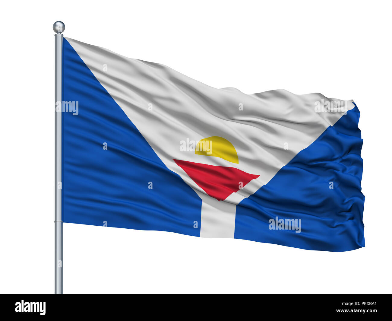 Saint Martin fiktive Flagge am Fahnenmast, isoliert auf weißem Hintergrund, 3D-Rendering Stockfoto