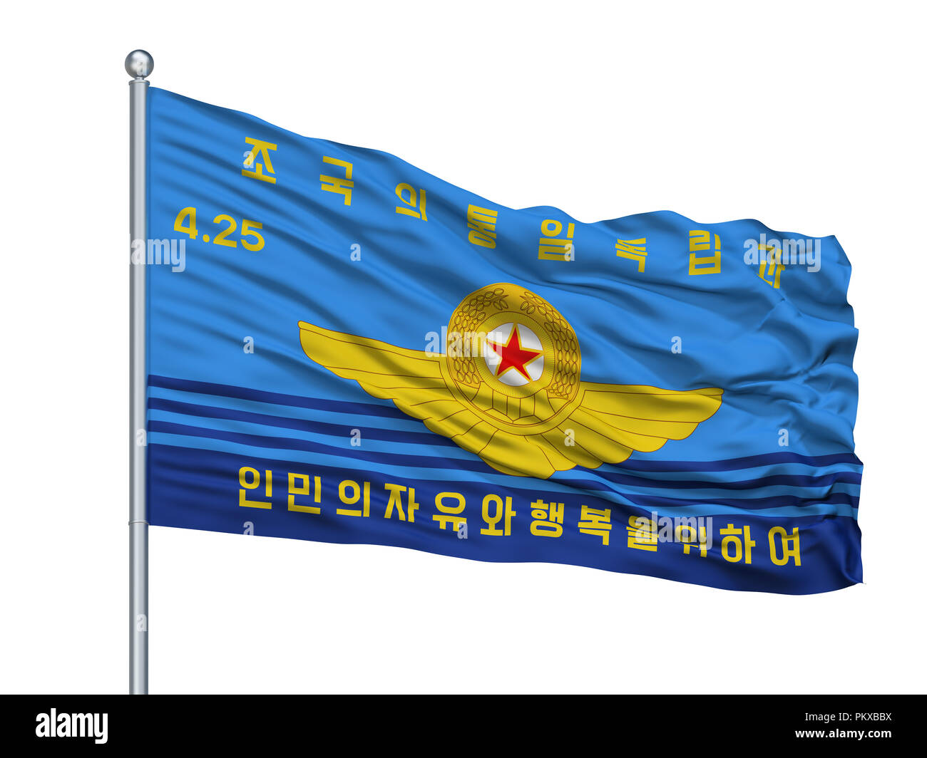 Nordkoreanische Volksarmee Air Force Flag auf Fahnenmast, isoliert auf weißem Hintergrund, 3D-Rendering Stockfoto