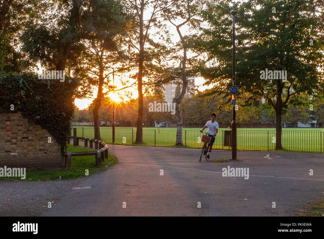 Ein junger Mann in den Farben der Zyklen in einem Londoner Park, wie die Sonne untergeht Stockfoto
