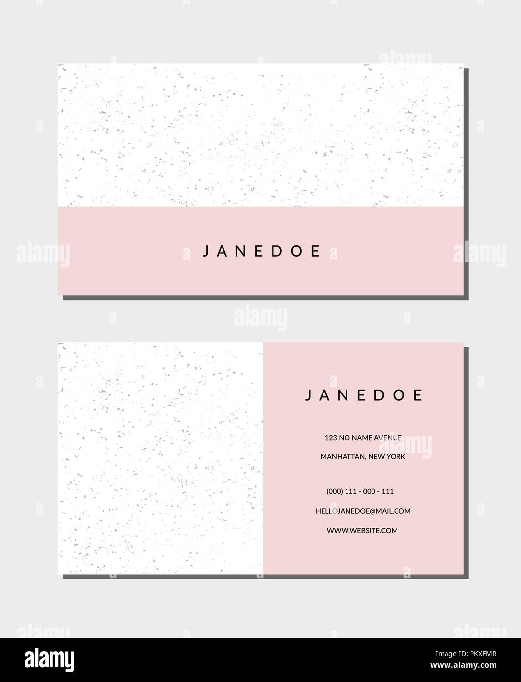 Visitenkarte vorlage in Pastell rosa und weiß, 3,5" x 2", vorne und hinten. Feminin und modernen, minimalistischen Design, geometrischen Stil, gefleckt Textur. Stock Vektor
