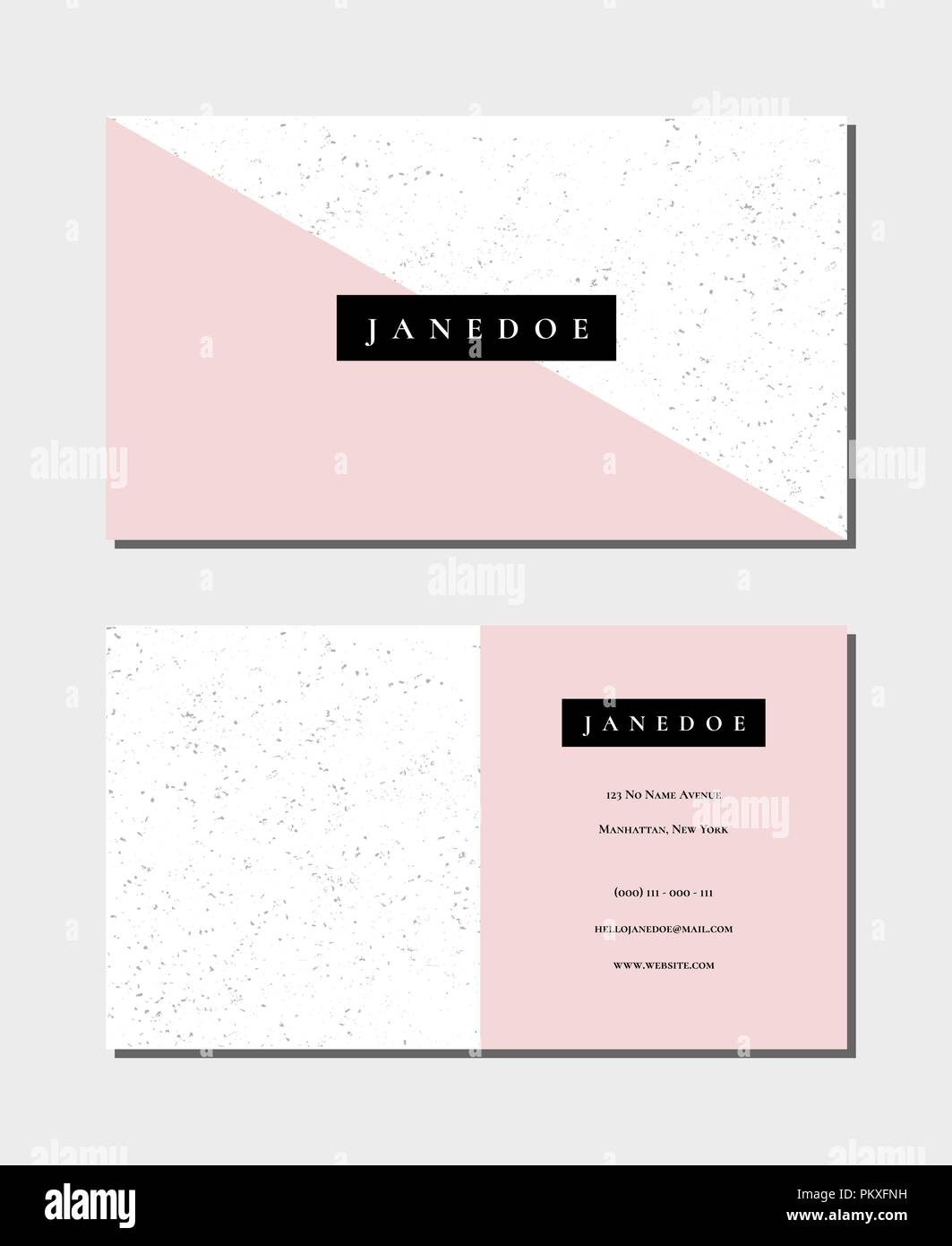 Visitenkarte vorlage in Pastell Pink und Weiß 3,5x2, vorne und hinten. Feminin und modernen, minimalistischen Design, geometrischen Stil, gefleckt Textur. Stock Vektor