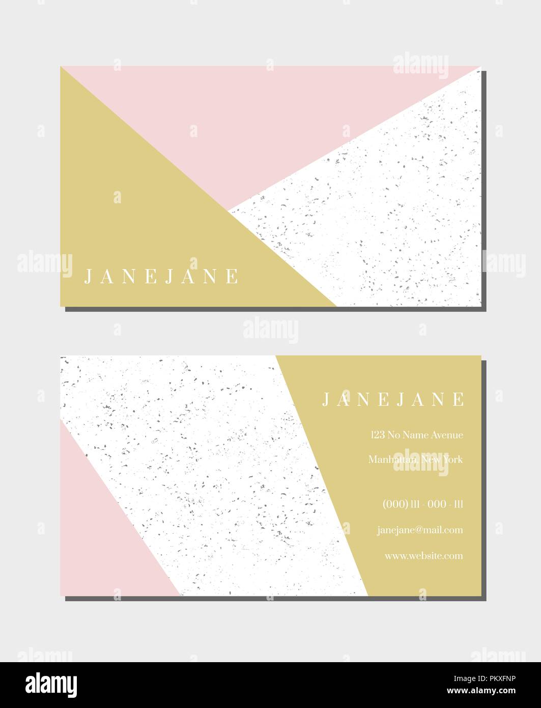 Visitenkarte vorlage in Pastell rosa, gold und weiß, 3,5x2, vorne und hinten. Feminin und modernen, minimalistischen Design, geometrischen Stil, gefleckt Textur Stock Vektor
