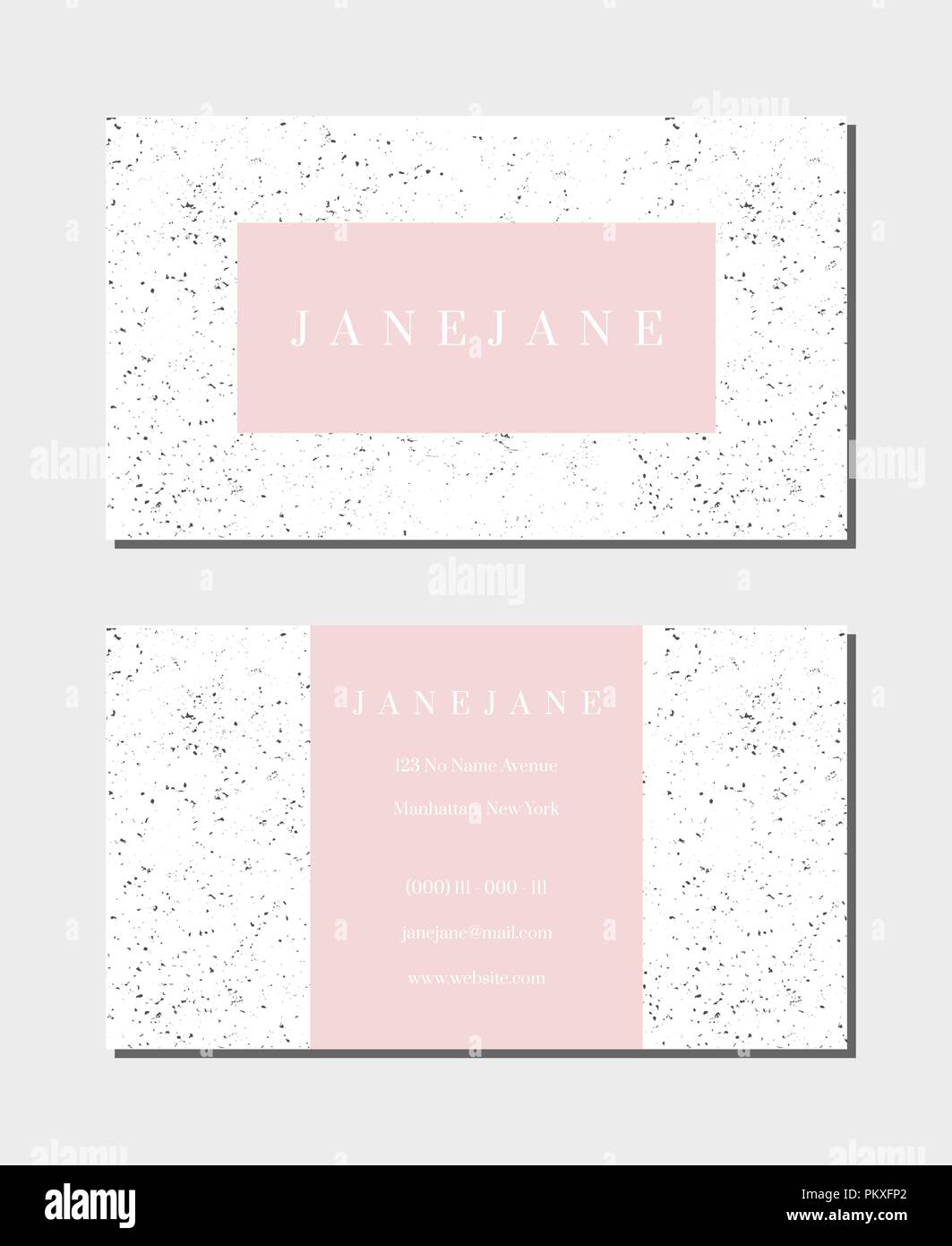 Visitenkarte vorlage in Pastell Pink und Weiß 3,5x2, vorne und hinten. Feminin und modernen, minimalistischen Design, geometrischen Stil, gefleckt Textur. Stock Vektor