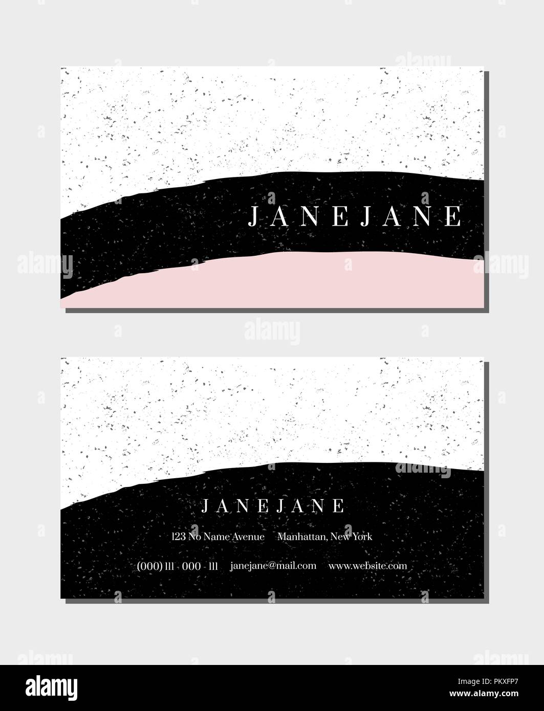 Visitenkarte vorlage in Pastell rosa, schwarz und weiß, 3,5x2, vorne und hinten. Feminin und modernen minimalistischen Stil, Design, gefleckt Textur Stock Vektor