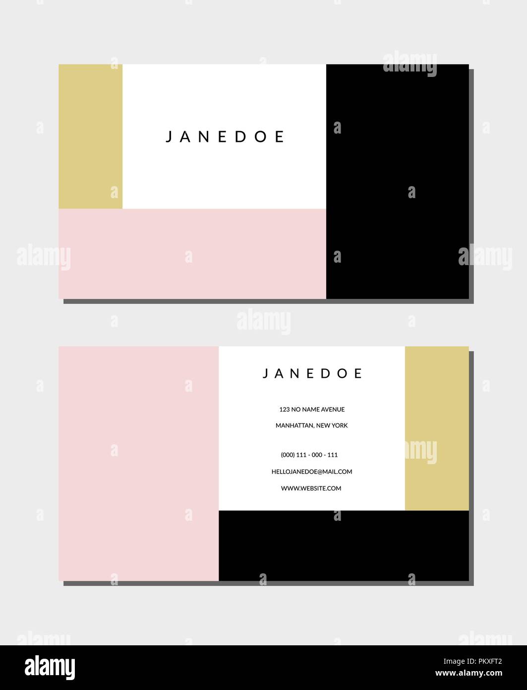 Visitenkarte vorlage in Pastell Pink, Schwarz, Gold und Weiß, 3,5x2, vorne und hinten. Feminin und modernen, minimalistischen Design, geometrischen Stil, Farbe-blo Stock Vektor