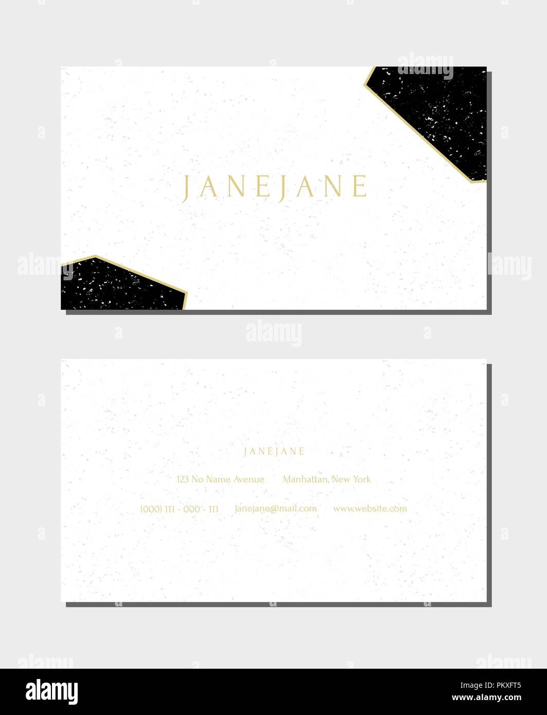 Visitenkarte vorlage in weiß, schwarz und gold, 3,5x2, vorne und hinten. Luxuriöses und modernes, minimalistisches Design, geometrischen Stil, gefleckt Textur. Stock Vektor