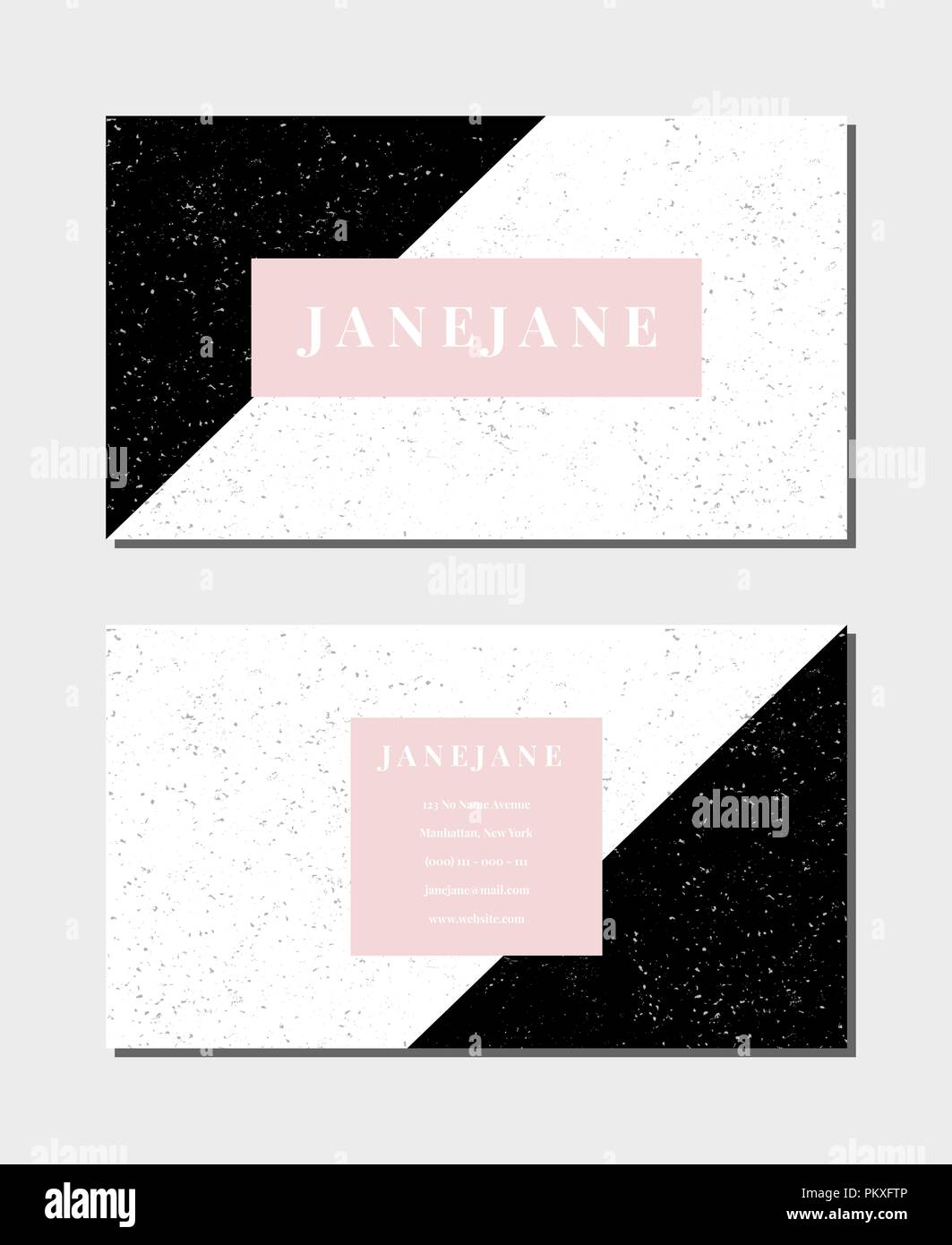 Visitenkarte vorlage in Pastell rosa, schwarz und weiß, 3,5x2, vorne und hinten. Feminin und modernen, minimalistischen Design, geometrischen Stil, gefleckt Textur Stock Vektor
