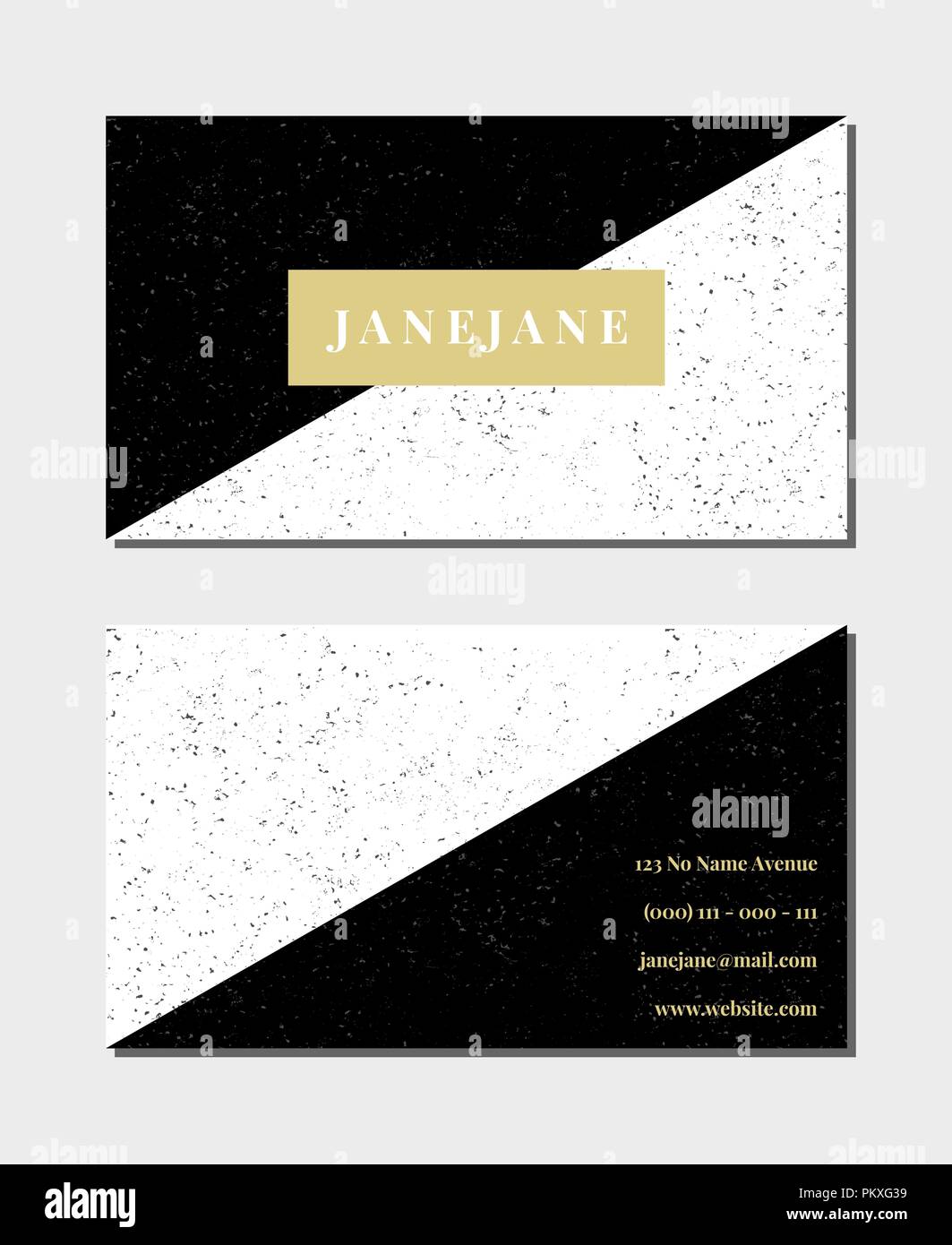 Visitenkarte vorlage in schwarz, weiß und gold, 3,5x2, vorne und hinten. Feminin und modernen, minimalistischen Design, geometrischen Stil, gefleckt Textur. Stock Vektor
