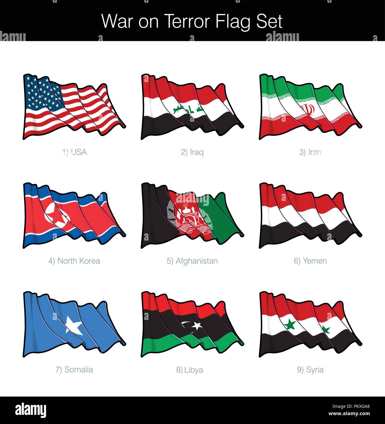 Krieg gegen den Terror wehende Flagge gesetzt. Das Set beinhaltet die Flaggen der USA, Irak, Iran, Nordkorea, Afghanistan, Jemen, Somalia, Libyen und Syrien. Vector Icons Stock Vektor