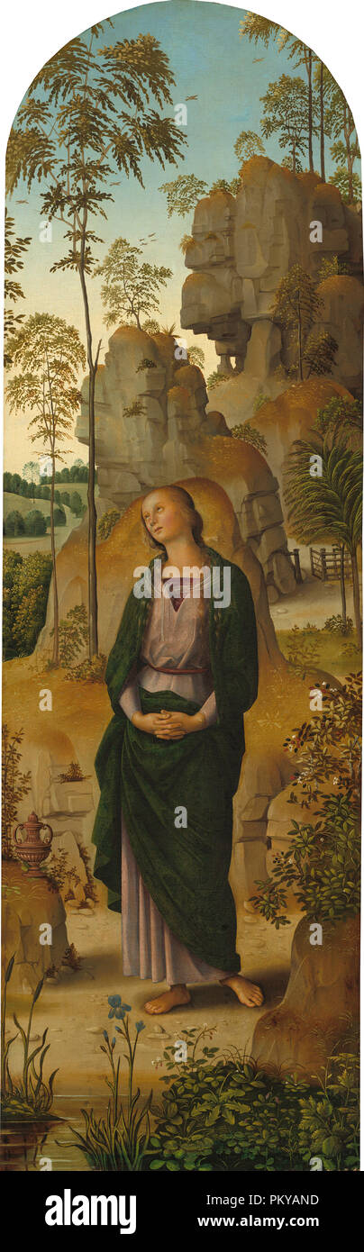 Die Kreuzigung mit der Jungfrau, Saint John, Hl. Hieronymus und Hl. Maria Magdalena [rechts]. Vom: C. 1482/1485. Abmessungen: rechte Tafel: 95 x 30,1 cm (37 3/8 x 11 7/8 in.) gerahmt: 134 x 165,1 x 7,3 cm (52 3/4 x 65 x 2 7/8 in.). Medium: Öl auf Leinwand übertragen. Museum: Nationalgalerie, Washington DC. Autor: Pietro Perugino. PERUGINO, Pietro. Stockfoto