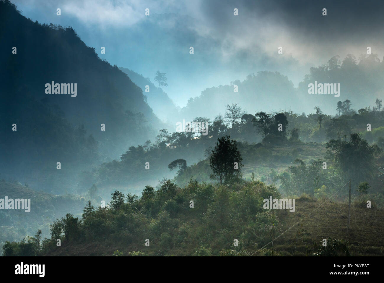 Fantasy Szene am Morgen gibt es viel Nebel der bergigen Gegend in der Provinz Ha Giang, Vietnam Stockfoto