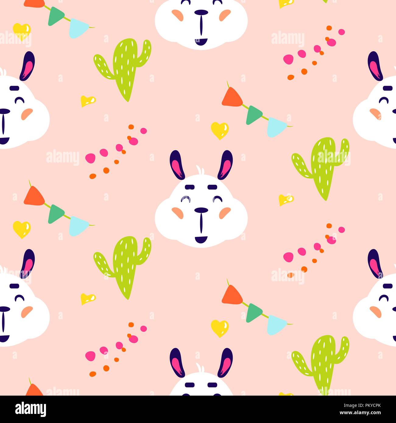 Happy llama lächelnd kid Vector nahtlose Muster wiederholen mit Kakteen. Stock Vektor