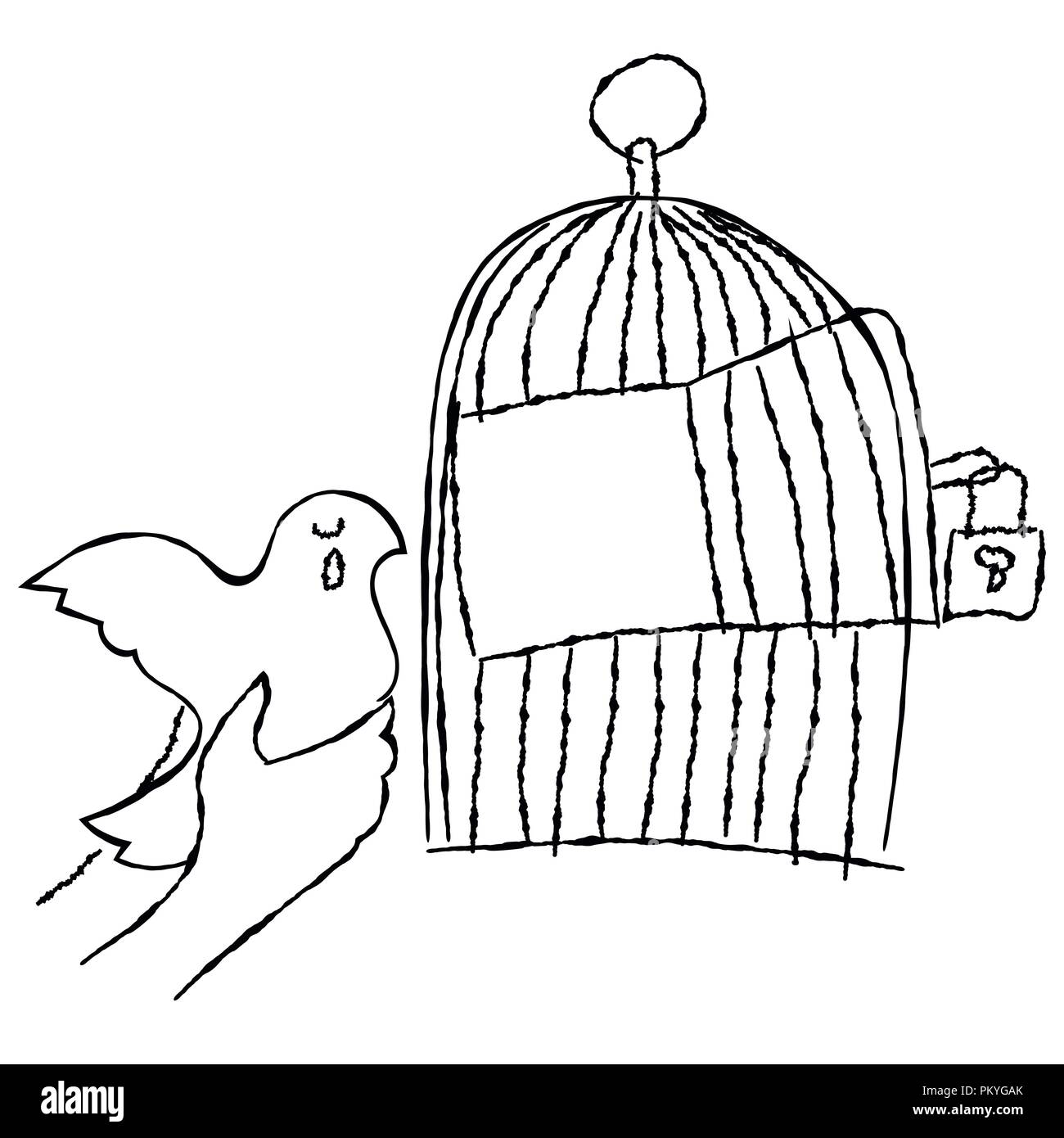 Hand ein Vogel den Käfig auf weißem Hintergrund - Hand gezeichneten Karikatur. Stock Vektor