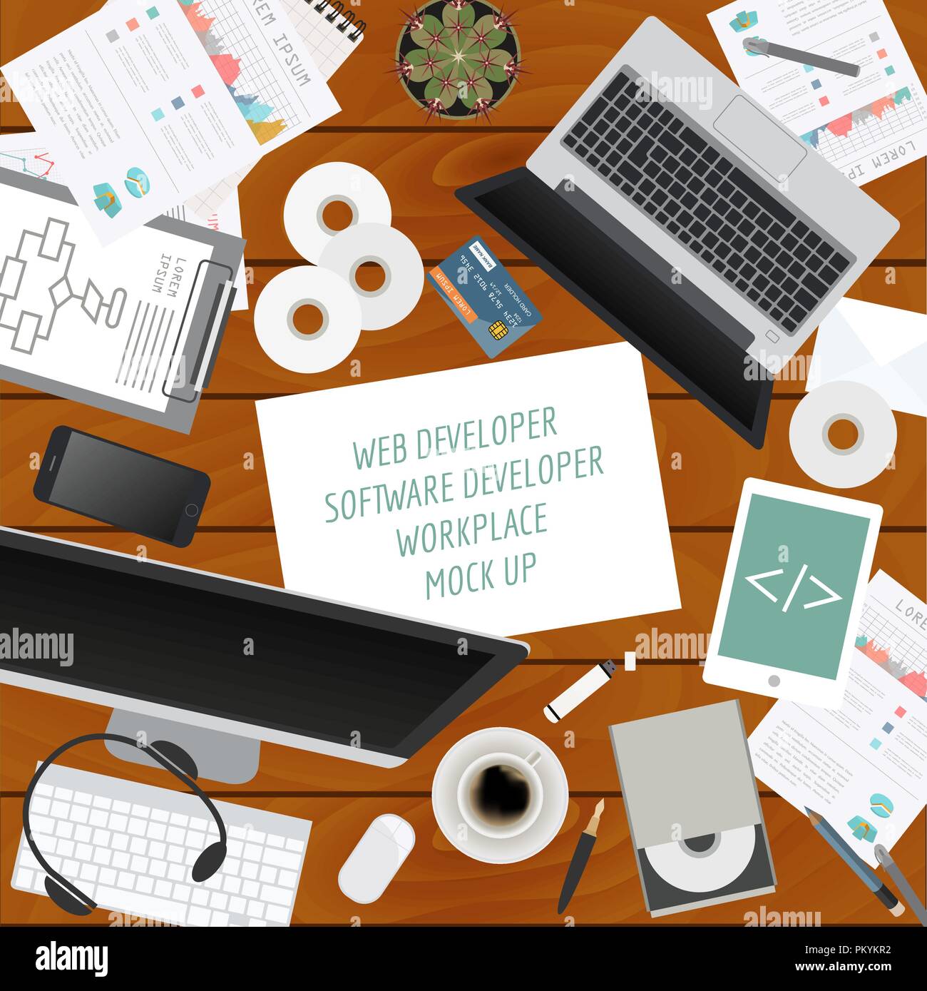 Arbeitsbereich der Web Developer, Software Entwickler. Mock up zur Erstellung Ihrer eigenen Modern Creative office Desktop workshop Stil. Flache design vector Mo Stock Vektor