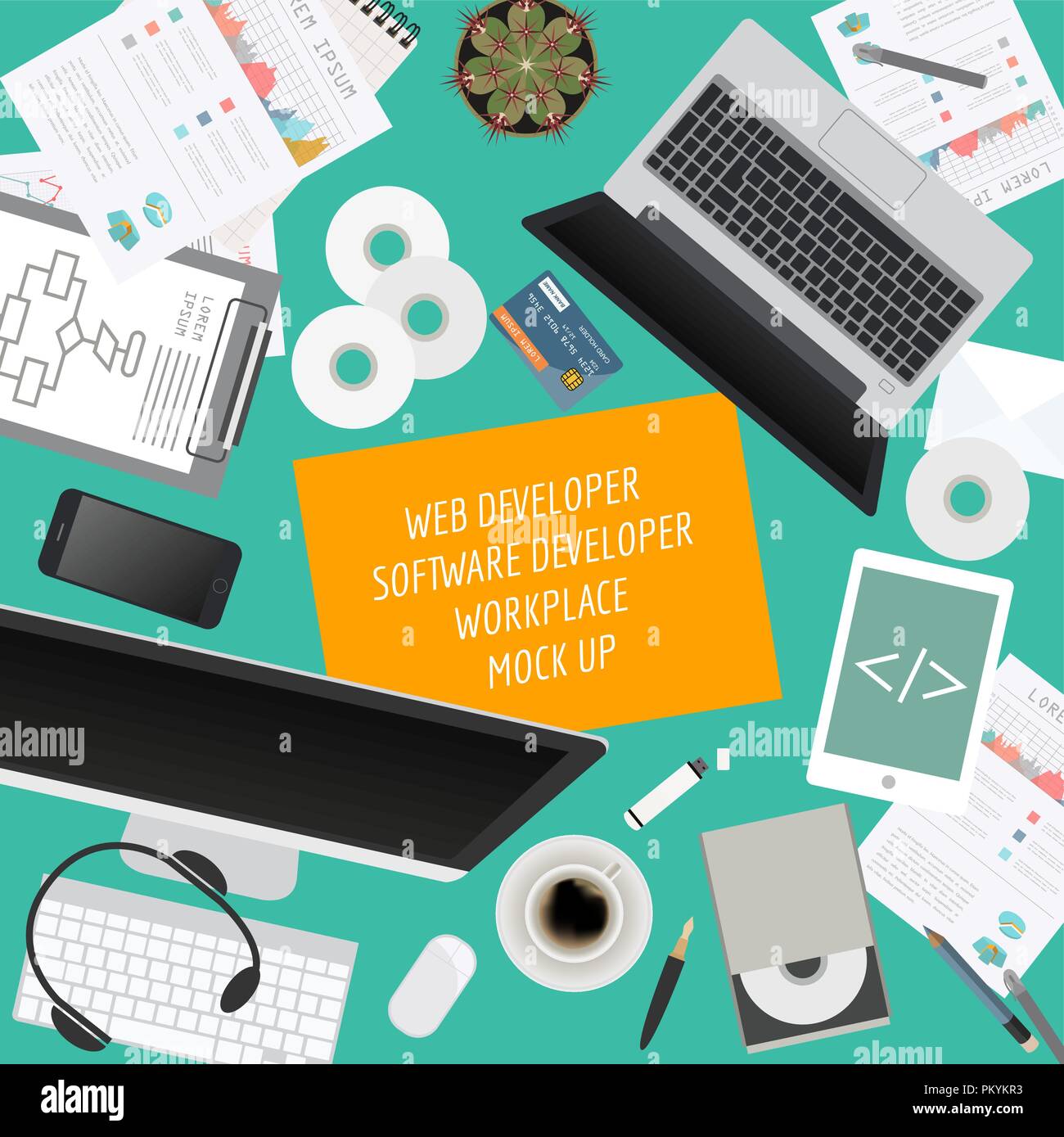 Arbeitsbereich der Web Developer, Software Entwickler. Mock up zur Erstellung Ihrer eigenen Modern Creative office Desktop workshop Stil. Flache design vector Mo Stock Vektor