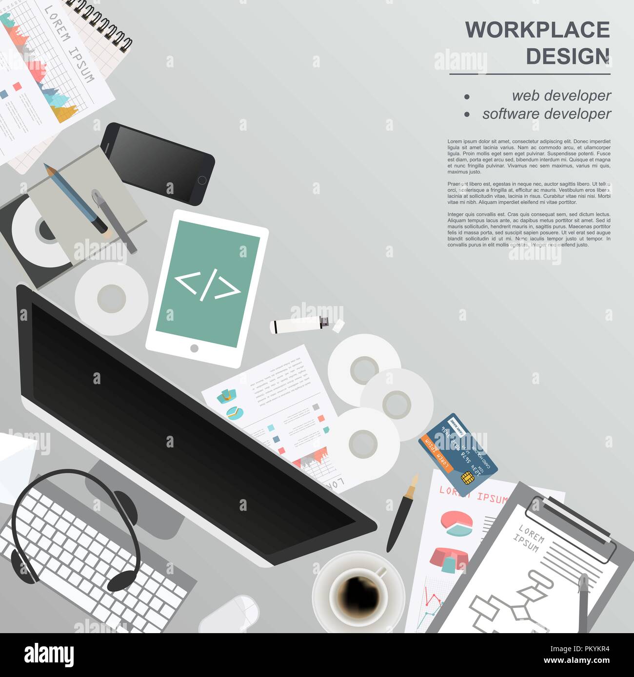 Arbeitsbereich der Web Developer, Software Entwickler. Mock up zur Erstellung Ihrer eigenen Modern Creative office Desktop workshop Stil. Flache design vector Mo Stock Vektor