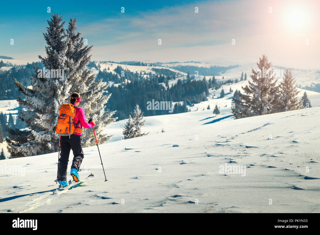 Skitouren in hochalpine Landschaft mit schneebedeckten Bäumen. Abenteuer, Winter Aktivitäten, Skitouren in spektakulären Bergen, Siebenbürgen, Karpaten, R Stockfoto