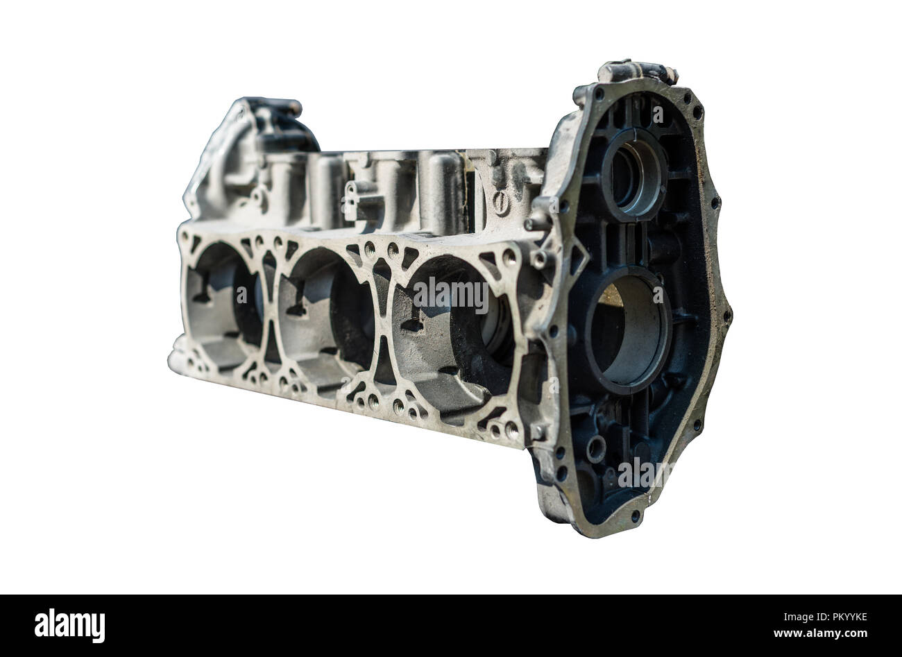 Eine Demontage eines 3Zylinder Motor block auf einen weißen Hintergrund mit einen
