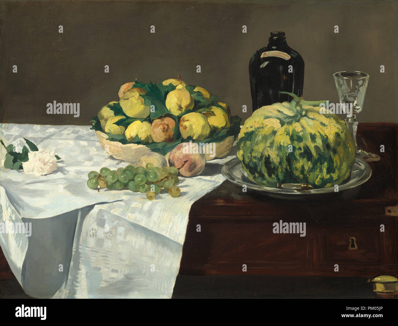 Stillleben mit Melone und Pfirsich. Vom: C. 1866. Maße: gesamt: 68,3 x 91 cm (26 7/8 x 35 13/16 in.) gerahmt: 96,8 x 119,4 x 8,9 cm (38 1/8 x 47 x 3 1/2 in.). Medium: Öl auf Leinwand. Museum: Nationalgalerie, Washington DC. Autor: Edouard Manet. Stockfoto