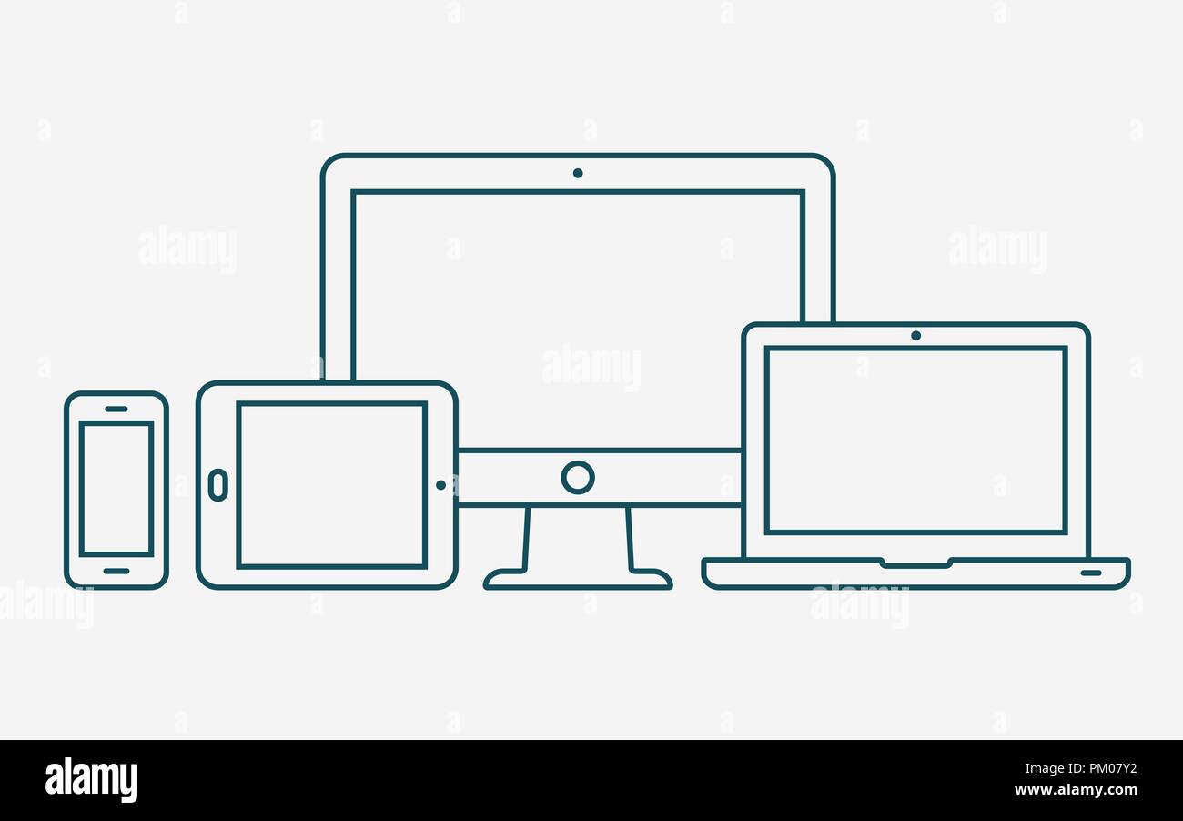 Vektor Kontur Symbole. Monitor, Laptop, Tablet PC und Smartphone Stock Vektor