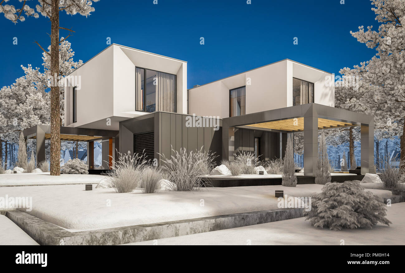 3d Rendering Des Modernen Gemutliches Haus Mit Garage Und Garten