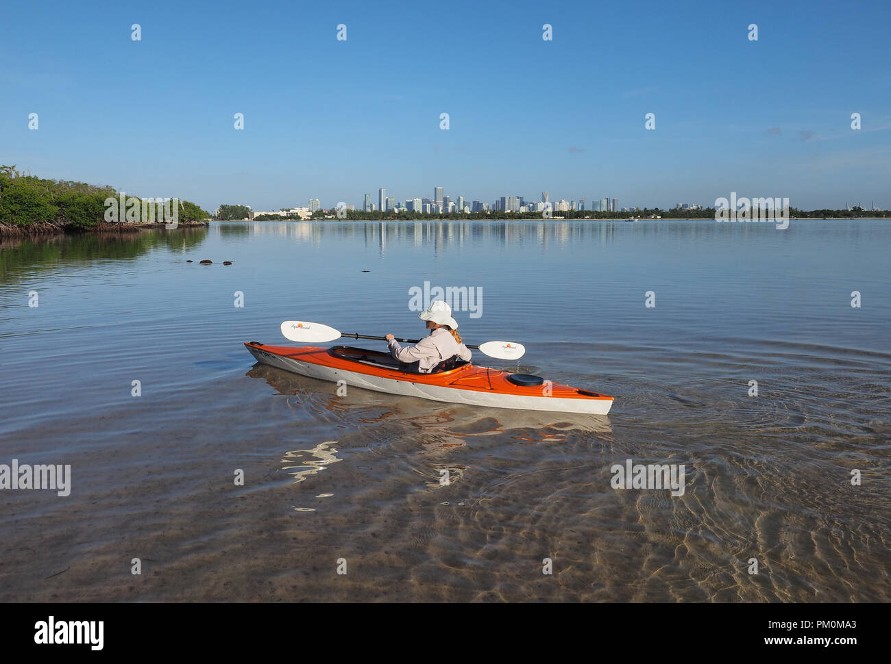 Frau Kajakfahren auf sehr ruhigen, flachen Wasser in Bären Abschneiden Key Biscayne, Florida mit der Stadt Miami Skyline im Hintergrund. Stockfoto