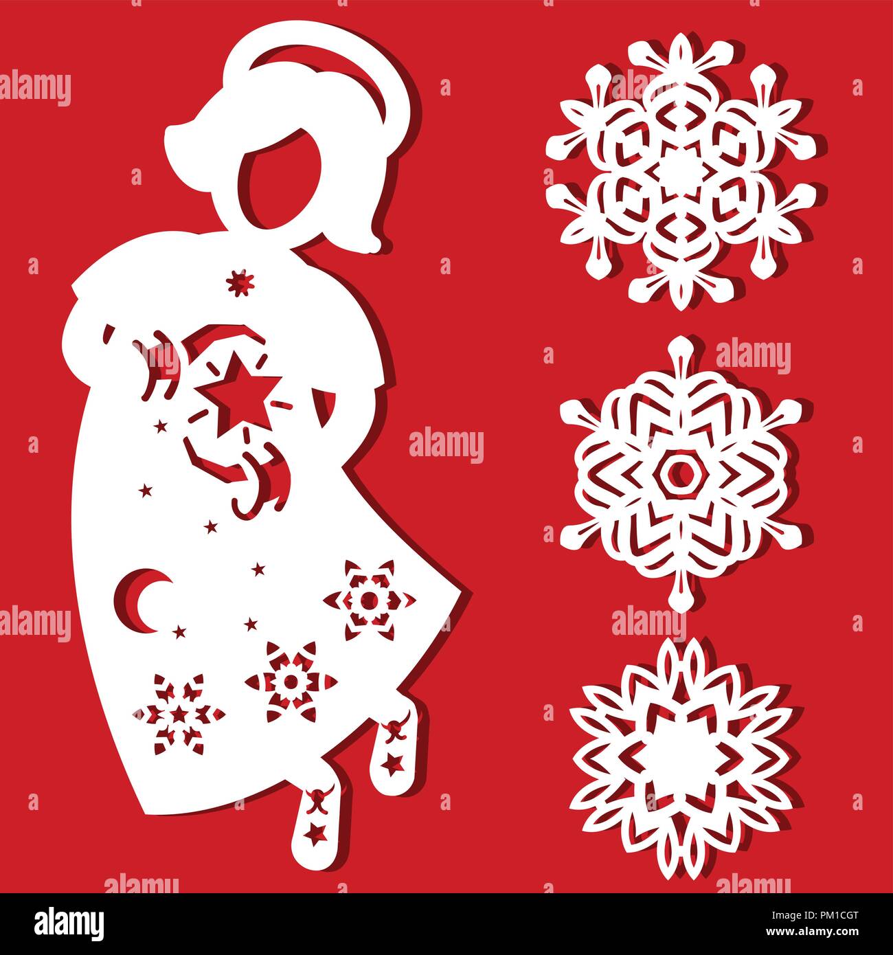 Weiße Weihnachten Fliegende Engel mit Stern in der Hand auf dem roten Hintergrund. Silhouette der Engel kann für Karten-, Laser verwenden. Schneiden, Plotter schneiden. Snowllakes. Stock Vektor