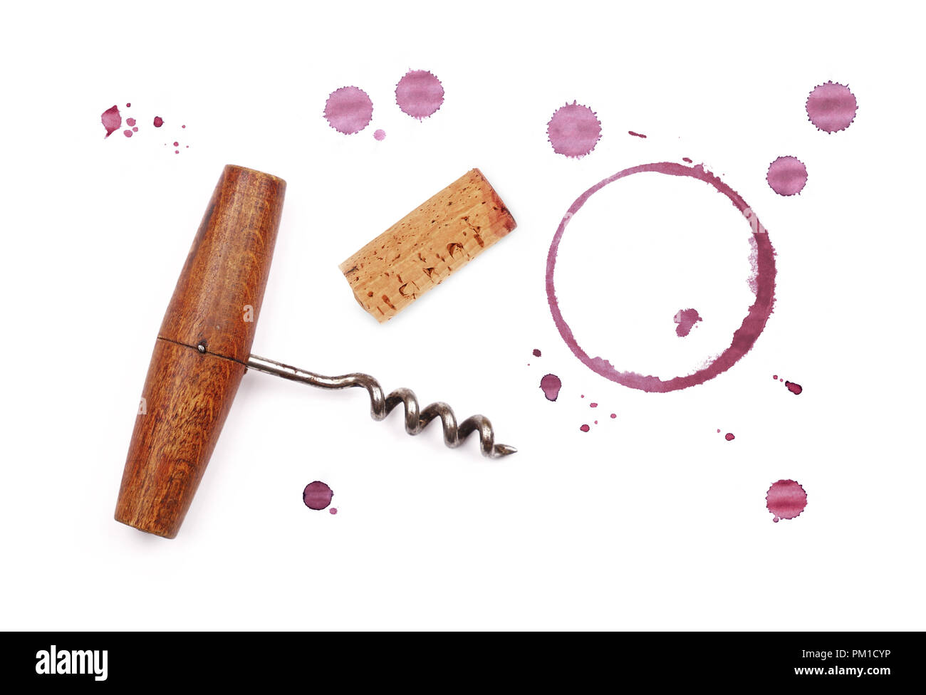 Eine rote Wein Korken Korkenzieher Flaschenöffner, chemische Kreis ring Fleck aus Glas und Blob fällt auf weißem Hintergrund Stockfoto
