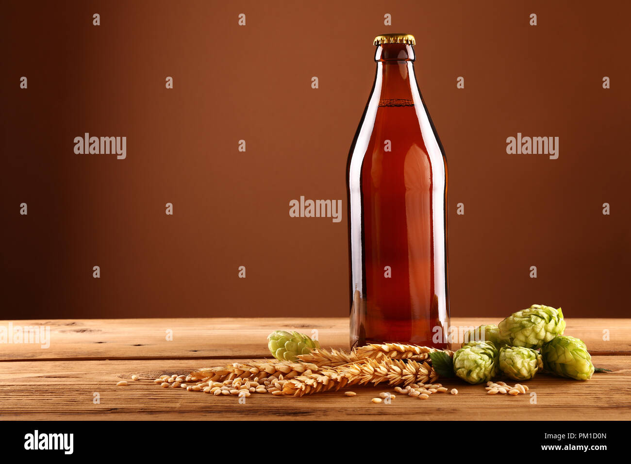 Nahaufnahme einer vollen unopen unbeschriftete braunes Glas Flasche Bier, Hopfen, Gerste, Korn und Spikes auf Holztisch, Low Angle Seitenansicht Stockfoto