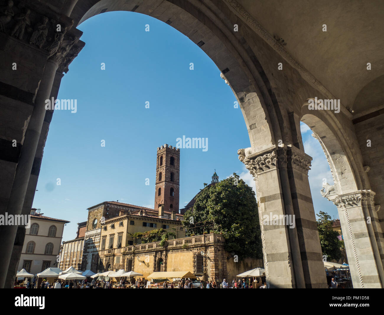 Piazza Antelminelli mit der Kirche des Heiligen Johannes (Giovanni) & Reparata, wie aus der Kathedrale von St Martin gesehen, in der Stadt von Lucca, Toskana, Italien Stockfoto