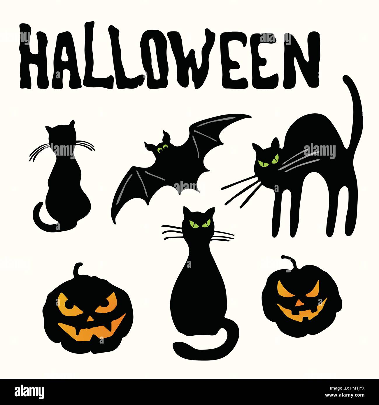 Zwei schwarze Silhouette Katzen, Carving Gesicht Kürbis Laternen, bat und Halloween Titel isoliert auf den weißen Hintergrund. Stock Vektor