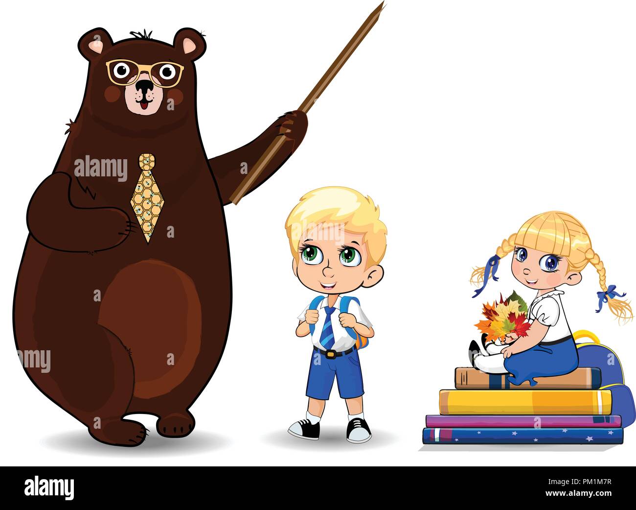 Gerne Lehrer Tag, zurück in die Schule Vector Illustration von Cartoon bear Lehrer halten Zeiger und Schule Jungen und Mädchen mit Blättern Strauß auf Sitzung Stock Vektor