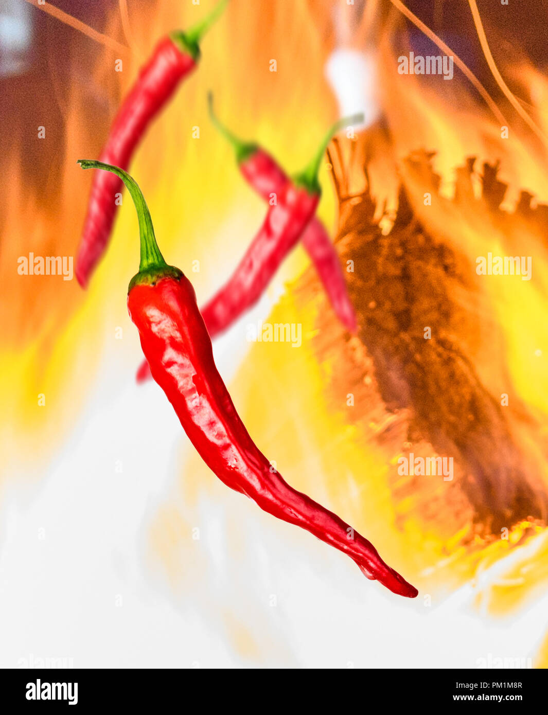 Ein paar Stücke von red chili peppers auf Hintergrund mit Feuer Stockfoto