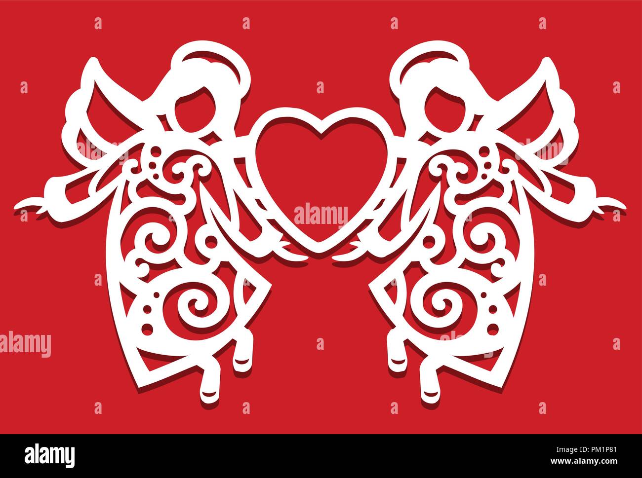 Weiße Weihnacht fliegen zwei Engel auf dem roten Hintergrund. Engel halten das Herz in den Händen. Silhouette der Engel kann für Karten-, Laser verwenden. Schneiden, Plotter schneiden. Stock Vektor