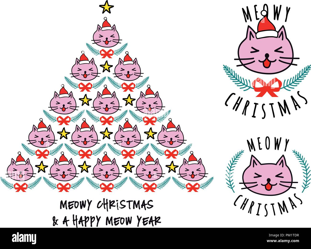 Weihnachtsbaum mit cat Gesichter, niedlich kawaii Vector Illustration für Weihnachtskarten Stock Vektor