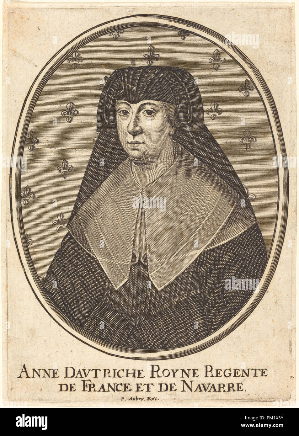 Anna von Österreich. Abmessungen: Platte: 15,7 x 11,3 cm (6 3/16 x 4 7/16 in.) Blatt: 16 x 11,7 cm (6 5/16 x 4 5/8 in.). Medium: Gravur auf Bütten. Museum: Nationalgalerie, Washington DC. Autor: Pierre Aubry. Stockfoto