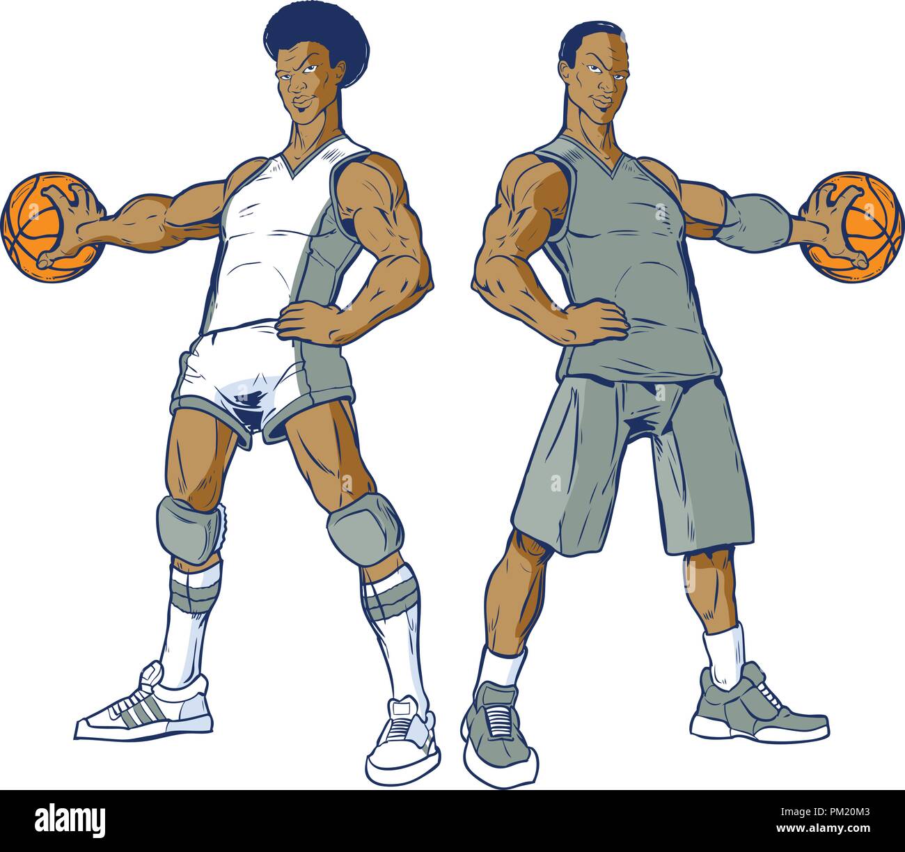 Vektor cartoon Clipart Abbildung: Ein Satz von zwei afrikanische amerikanische Basketballspieler, ein modernes, ein retro aus den 70â € ™ s, palming die Kugel. Uni Stock Vektor
