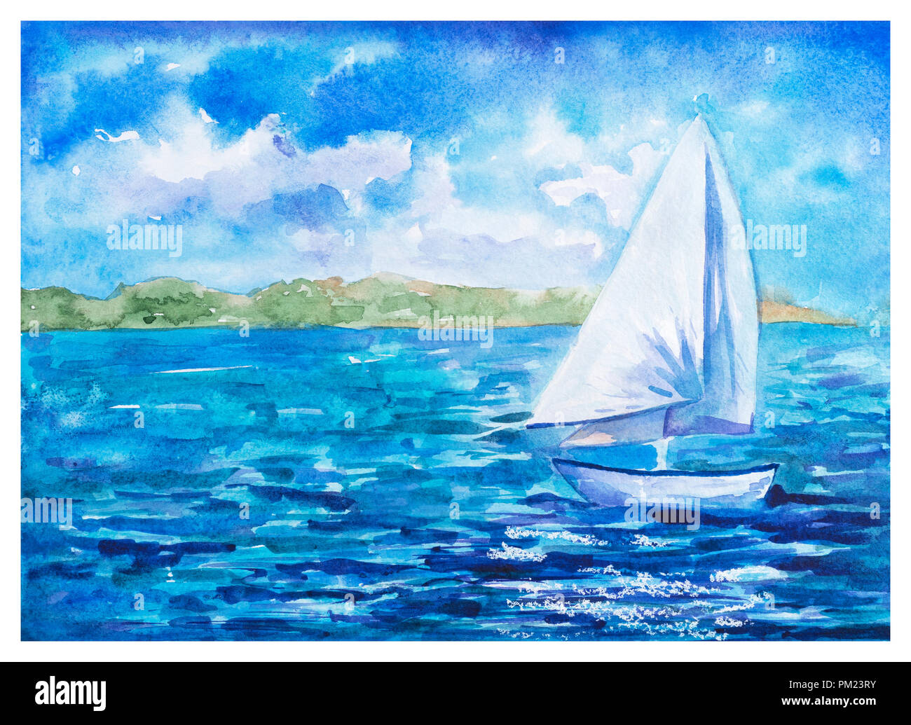 Sommer Landschaft: Kleine große Schiff mit weissen Segeln Floating im tiefen blauen Meer, Aquarell gezeichneten und gemalten Stockfoto