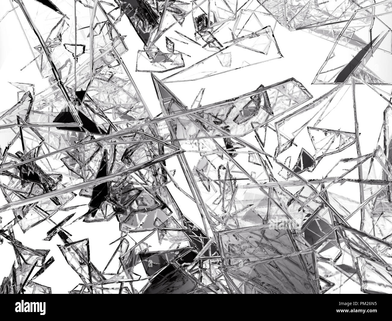 Stücke von Glas zerbrochen auf Weiß, 3D-Darstellung oder gerissen; 3D-Rendering Stockfoto