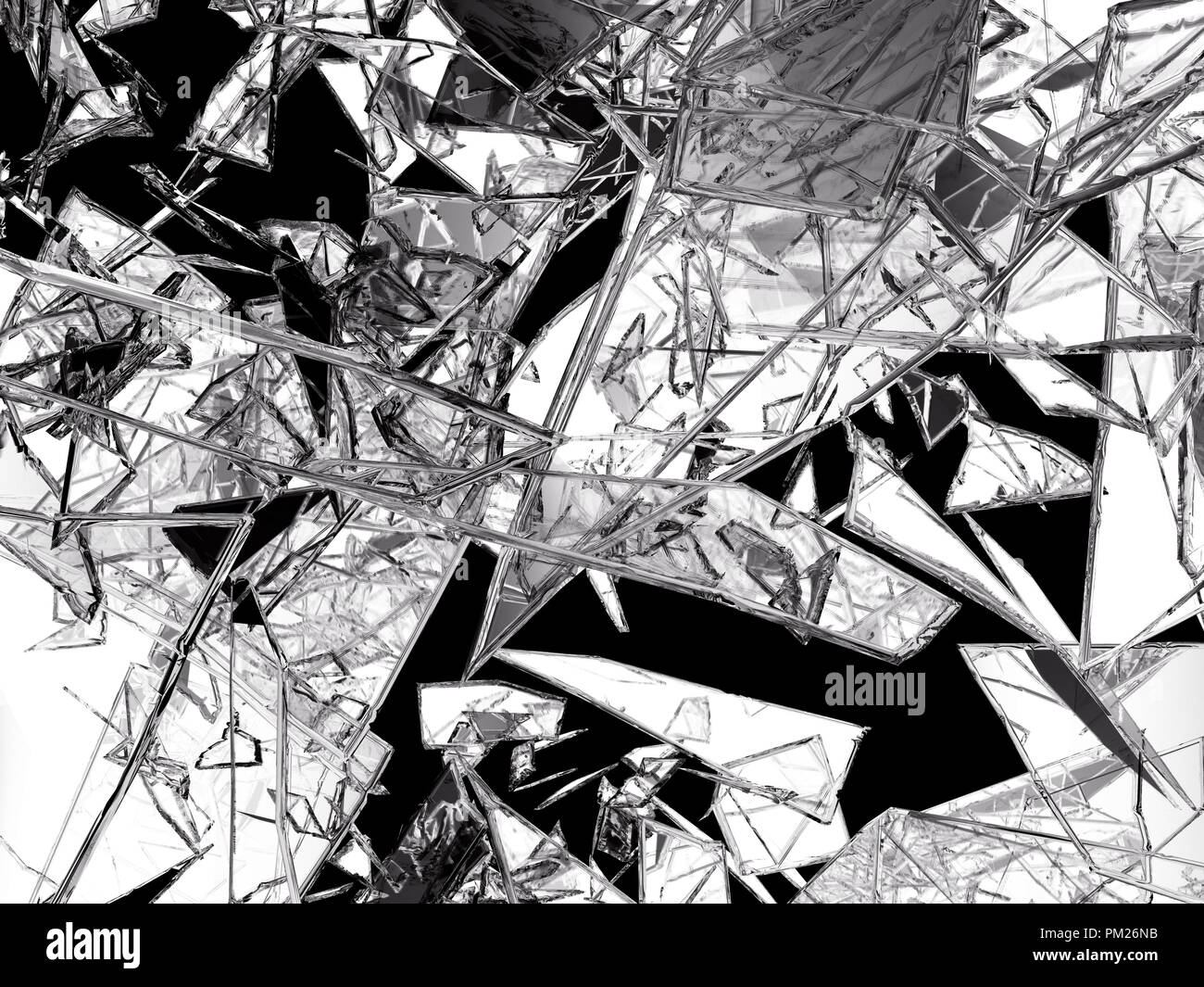 Stücke von Glas gebrochen an Schwarz, 3D-Darstellung oder gerissen; 3D-Rendering Stockfoto