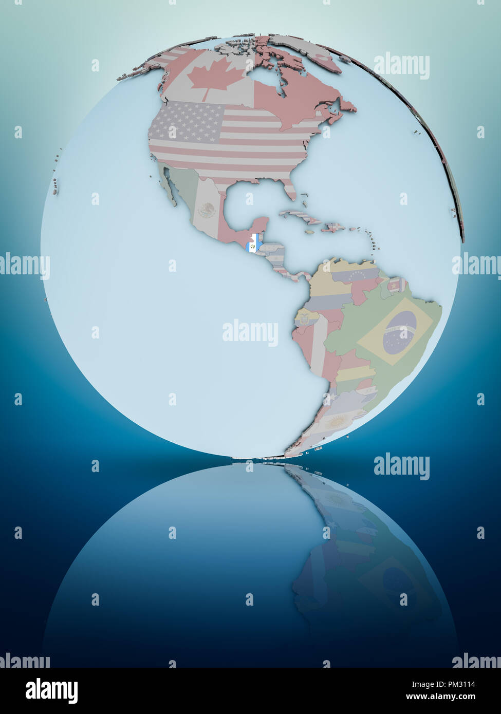 Guatemala mit National Flagge auf Weltkugel auf glänzenden Oberfläche spiegelt. 3D-Darstellung. Stockfoto