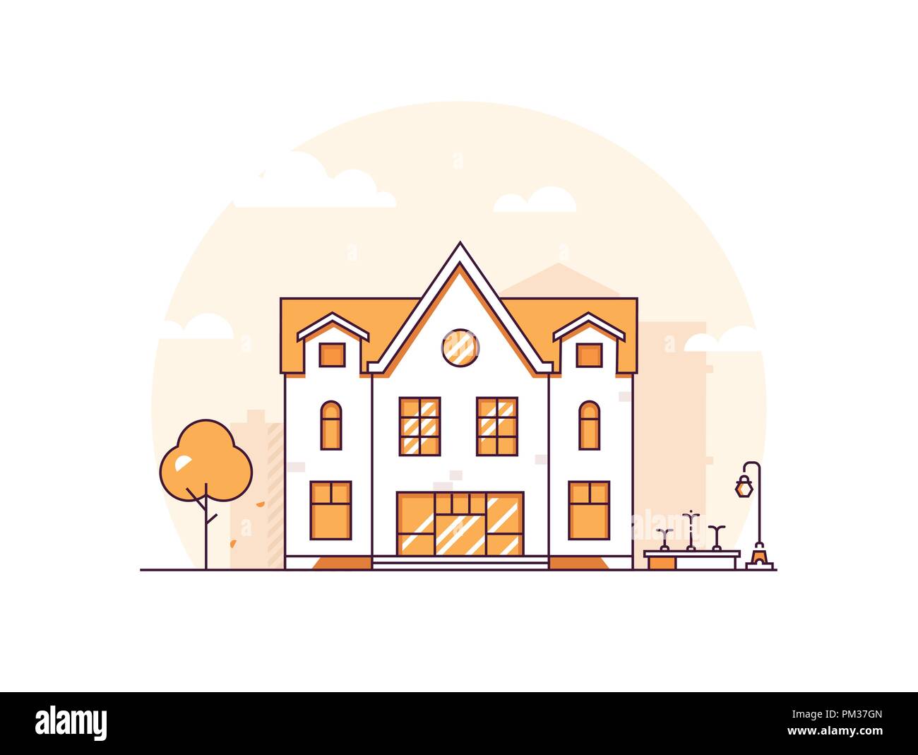 Apartment House - Moderne thin line Design Vektor Grafik auf weißem Hintergrund. Orange farbige Komposition mit einer Fassade des zweistöckigen buildi Stock Vektor