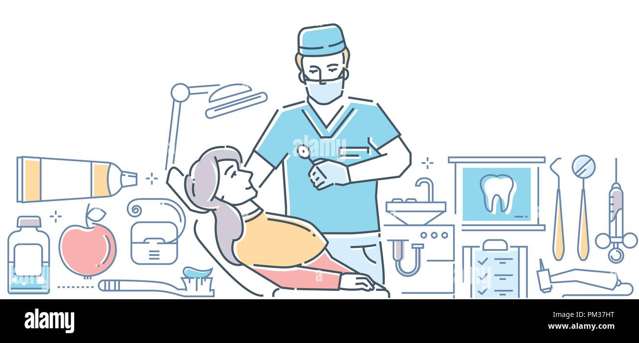 Zahnarzt bei der Arbeit - modernen und farbenfrohen Design Stil Abbildung auf weißen Hintergrund. Zusammensetzung mit männlichen Arzt in der Prüfung einer jungen Frau, Stock Vektor