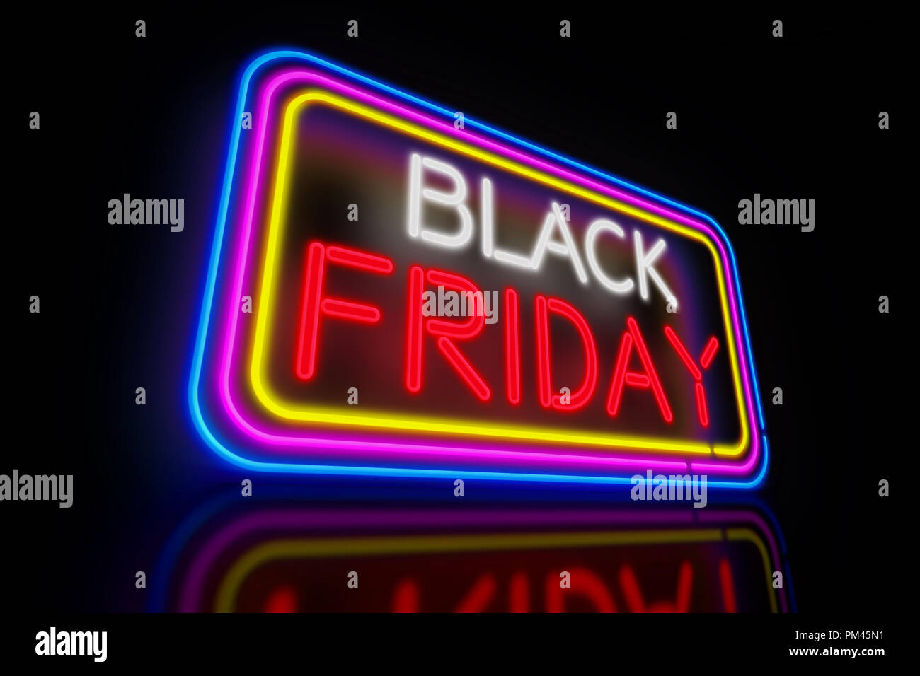 Großer Schwarzer Freitag light Neon. Werbebanner 3D-Abbildung. Stockfoto