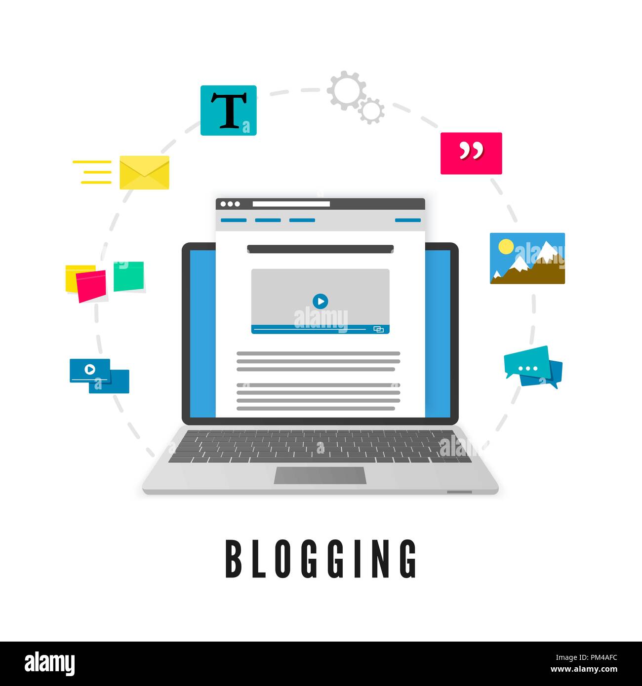 Entwicklung und Veröffentlichung Blog post. Website Entwicklung. Blogging Konzept. Vector Illustration auf weißem Hintergrund Stock Vektor