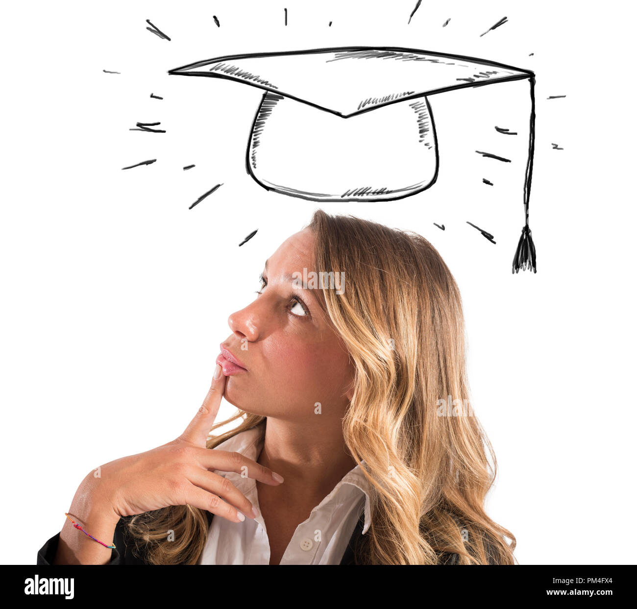 Blonde Studentin denkt über ihre Graduierung Stockfoto